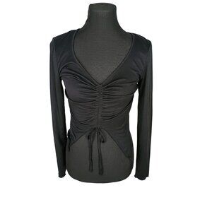 Just Polly New York Size Jrs Large Black Long Sleeve Ruched Front Tie V-Neck Top